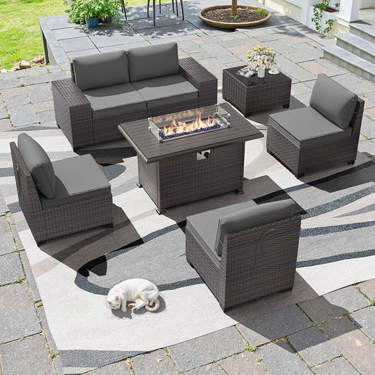 7 PCS Outdoor Patio Furniture Set,Outdoor Sectional Furniture with 43" 55000 BTU Gas Propane Fire Pit Table,All Weather PE Rattan Wicker Patio Conversation Set,Grey