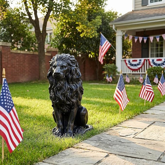 20.5" Black Lion Statue, Resin Outdoor Guardian Sculpture | Weather-Resistant Finish, Simulated Animal Decor, For Villa Garden Park Resort, Home Courtyard