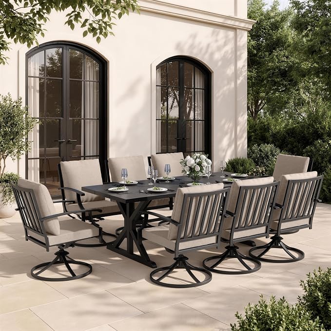 9 Piece Outdoor Dining Set for 8, Metal Patio Table and Chairs with Cushions, Patio Furniture Set with 8 Swivel Chairs, Rectangular Metal Dining Table with Umbrella Hole, Lawn Deck Yard-Sand