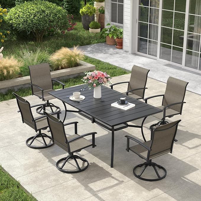 VICLLAX Metal Patio Table for 6, Outdoor Dining Table with Umbrella Hole for Garden Lawn Deck Backyard, Black
