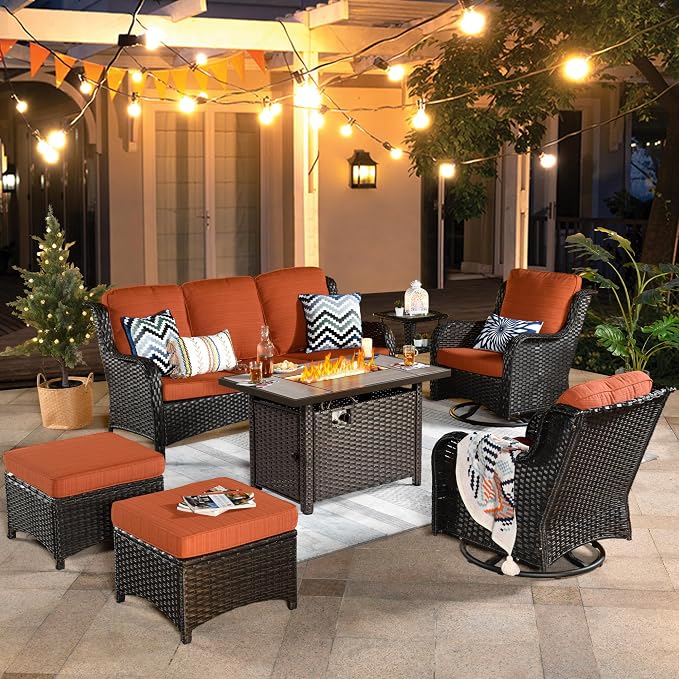 ovios 7-Pieces Patio Furniture Set with 42" Fire Pit Table Swivel Chairs, Outdoor Wicker Sofa Couch Gliders Rocker, High Back Modern Conversation Set, Brown Rattan, Orange Red