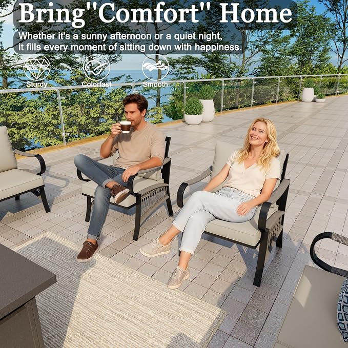 4-Piece Outdoor Furniture Set, Patio Conversation Set Include 3-Seater Sofa Couch Single Chairs with Fire Pit Table for Deck, Porch, Garden, Backyard, Poolside (Beige Cushions)