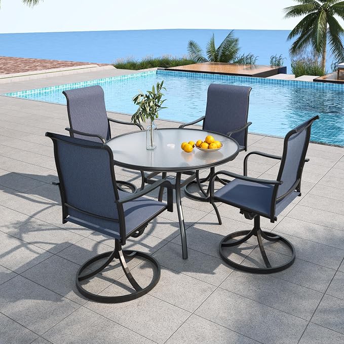 5 Piece Outdoor Dining Set 40" Glass Round Table,NavyBlue Swivel Chair Sty2 | 4 Piece Swivel Chairs: High Back, Curved Armrest, Textilene Fabric, Rocking; 48 inch Metal Round Table, All Weather