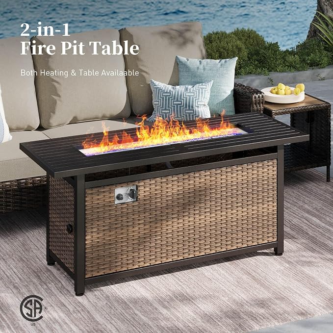 Patio Furniture Set with Swivel Chairs, High Back Wicker Rattan Furniture with 5.5" Thick Cushions, Fire Pit Table and Ottomans, All Weather Outdoor Conversation Set for Backyard Deck,9 Seats, Beige