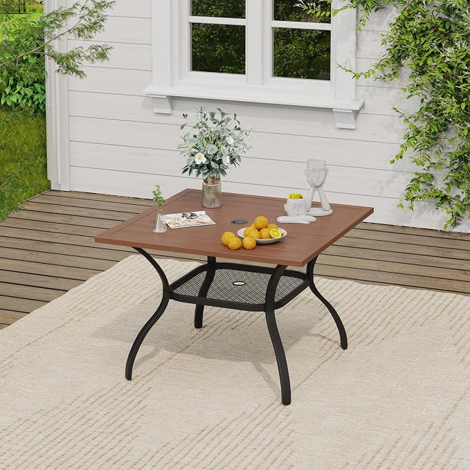 VICLLAX Outdoor Patio Dining Table for 4, Square Patio Table with Umbrella Hole for Patio Lawn Deck Backyard, Walnut Tabletop