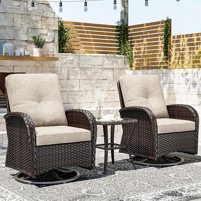 Joyside Outdoor Swivel Rocker Chairs, 3 Piece Wicker Patio Set with Thickened Cushions, High Back, Deep Seating, Wide Armrest, Outdoor Swivel Chairs for Porch, Deck