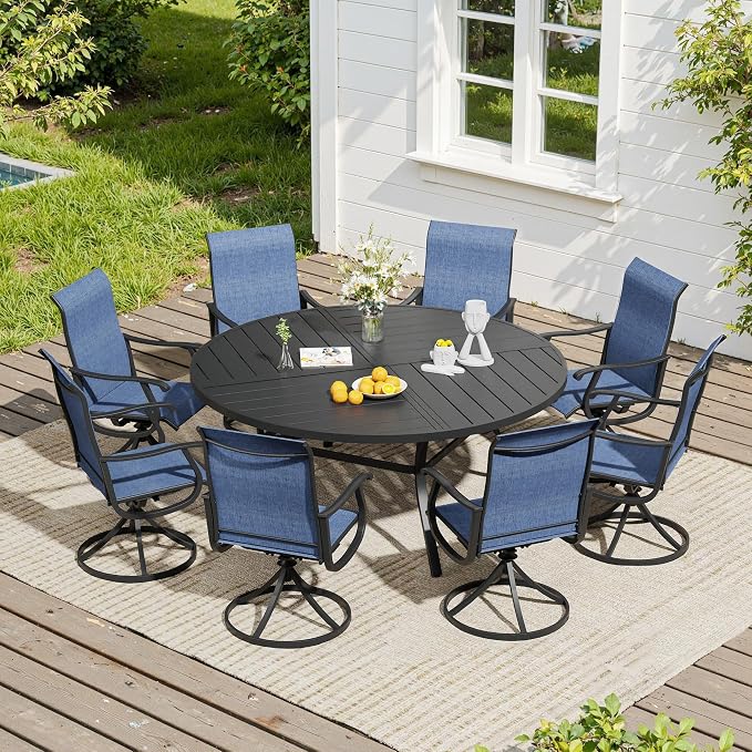 VICLLAX 9 Pieces Patio Dining Set, Patio Furniture Set of 8 Patio Swivel Dining Chairs and 60" Patio Spliced Round Tabletop, Navy Blue Chairs & Black Tabletop