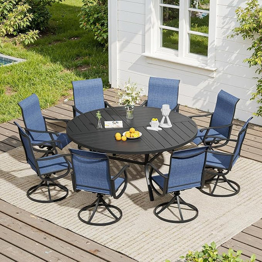 VICLLAX 9 Pieces Patio Dining Set, Patio Furniture Set of 8 Patio Swivel Dining Chairs and 60" Patio Spliced Round Tabletop, Navy Blue Chairs & Black Tabletop