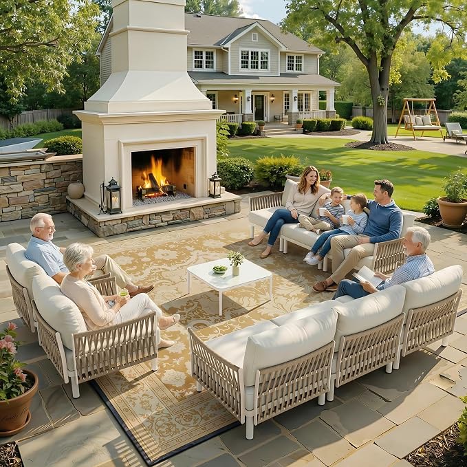 9-Piece Aluminum Modern Outdoor Sectional Sofa with Coffee Table - Weather-Resistant 31" Deep Seating Patio Conversation Set, 5.1" Thick Removable Cushions for Deck, Porch & Backyard, Beige