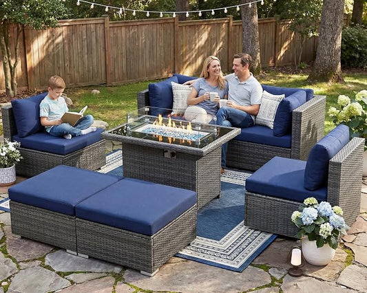 NICESOUL 7 Piece Outdoor Sectional Sofa Set with Firepit Natural Gas & Propane Convertible, Oversized Deep Seating Patio Furniture for Tall Person, 2 Color Cushion Navy & Gray for Easy Maintenance