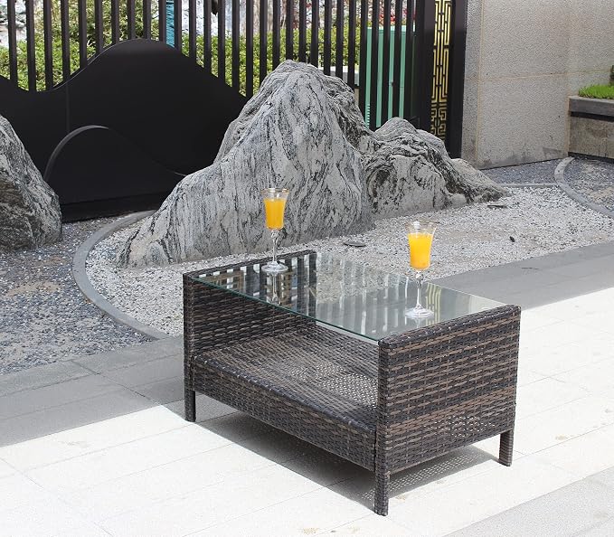 CIATRE Outdoor Patio Furniture Coffee Table with Clear Tempered Glass 34.6X 20.5X 17.7inch (L X W X H)