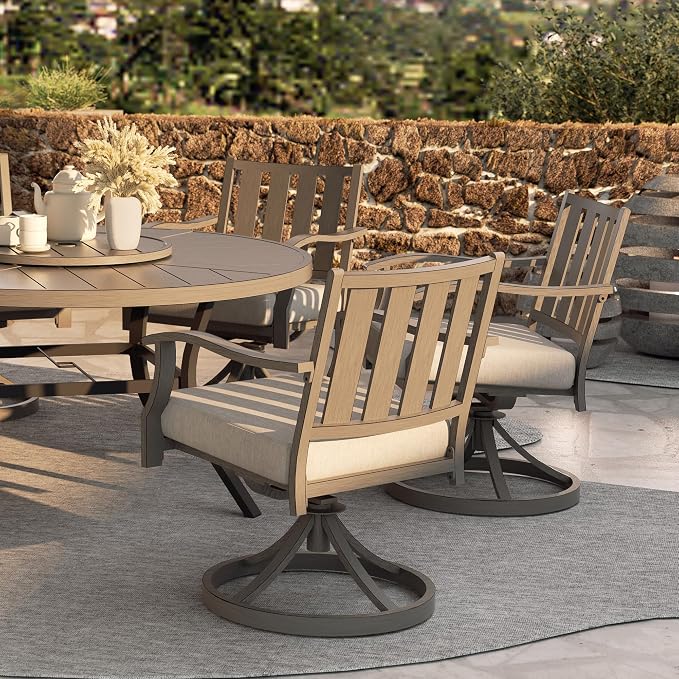 PEAK HOME FURNISHINGS Outdoor Aluminum Dining Set, 60" Round Dining Table with 6 Swivel Dining Chairs