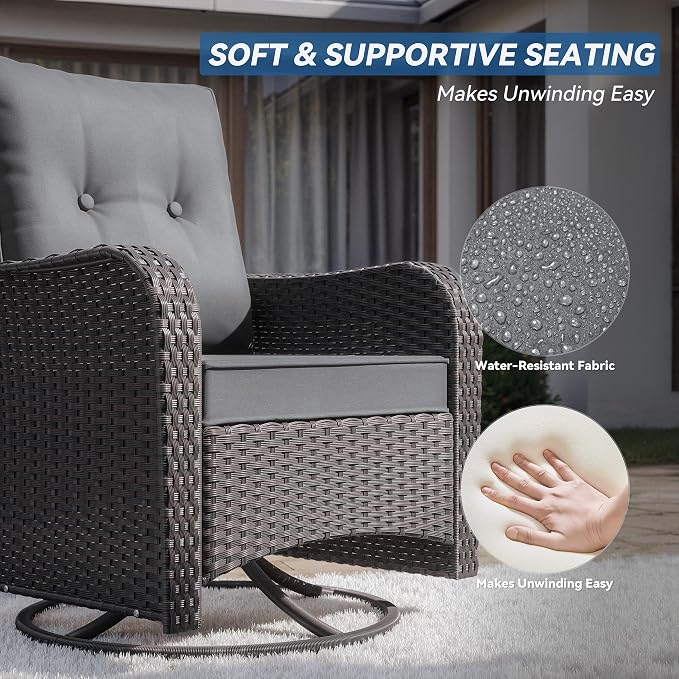 Kurapika 5 Pieces Patio Furniture Set, Rattan Wicker Outdoor Conversation Sets, 4 Woven Rattan Swivel Chairs w/48in Propane Fire Pit Table and Thickened Cushions, Grey