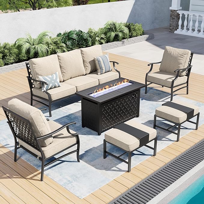 SUNSHINE VALLEY Patio Furniture Set with Firepit Table, Metal Outdoor Patio Furniture, 2 Single Chairs, 3 Seater Sofa, 2 Ottomans with 5.75" Extra Thick Cushion and Gas Firepit Table for Backyard Deck