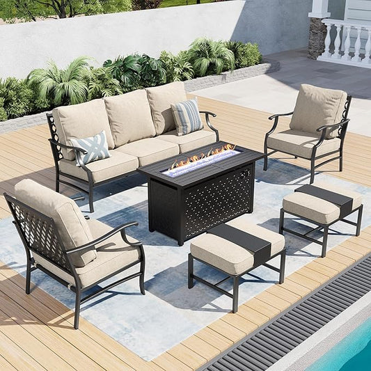 SUNSHINE VALLEY Patio Furniture Set with Firepit Table, Metal Outdoor Patio Furniture, 2 Single Chairs, 3 Seater Sofa, 2 Ottomans with 5.75" Extra Thick Cushion and Gas Firepit Table for Backyard Deck