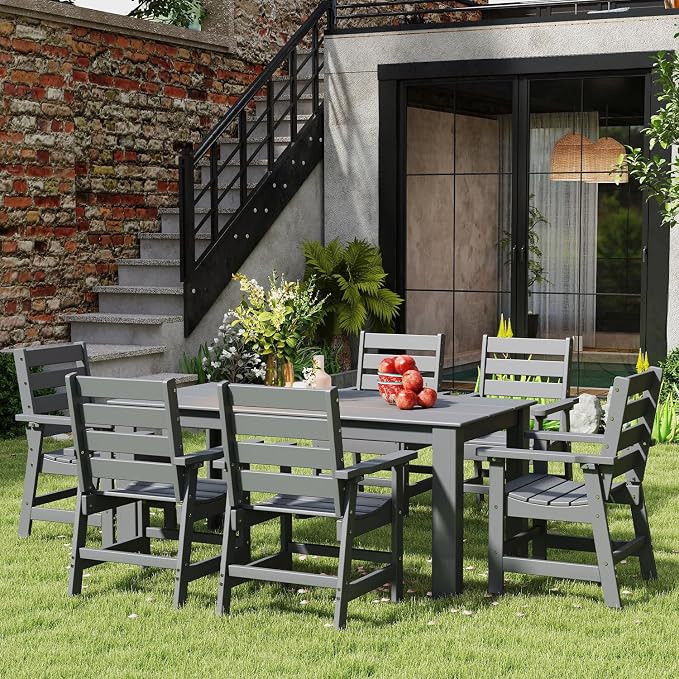 IVY&LANE Outdoor Dining Table | HDPE | 67’’ Rectangle Tables | Grey | All Weather | Umbrella Hole | Patio Furniture | for Poolside Lawn Garden Backyard