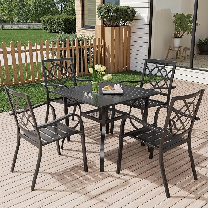 Oakcloud 5-Piece Patio Dining Set, Outdoor Metal Furniture Dining Table Set 4 Stackable Patio Dining Chairs and Square Dining Table with Umbrella Hole, Black