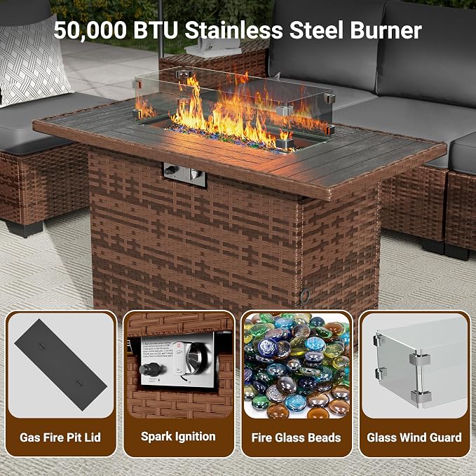 Patio Furniture Set with 44'' Propane Gas Firepit Table, 8 PCS Modular Outdoor Sectional Conversation Sets, All-Weather Wicker Patio Set for Backyard, Grey (Waterproof Covers Included)