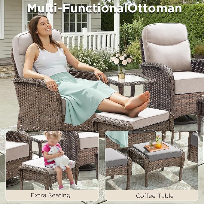 10 Pieces Luxury Outdoor Patio Furniture Set with 6-Inch Thick Cushions, Wicker Outdoor Furniture with High Back Swivel Patio Chairs Set of 4, Wicker Conversation Set for Deck Garden Porch, Beige