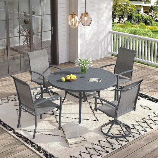 VICLLAX 5 Pieces Patio Dining Set for 4, 40.6" Round Outdoor Table and Chairs (2 Fixed Chairs and 2 Swivel Chairs) for Deck Garden, Dark Grey