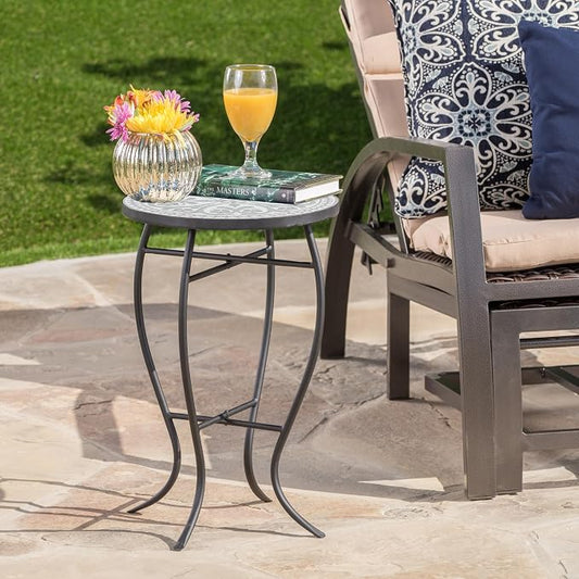 Christopher Knight Home Lora Small Outdoor Side Table with Curved Legs, Patio Decorative End Table for Garden Porch Backyard, Mosaic-Style Round Tabletop, Durable Iron Frame, Grey + Black
