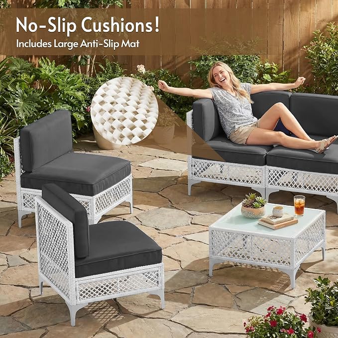7-Piece Outdoor Sofa with Thick Cushion, Lightweight Patio Sectional with Effortless Assembly, Space-Saving Outdoor Furniture Set & Easy-Clean Open Weave Wicker for Backyard, Garden (Gray)