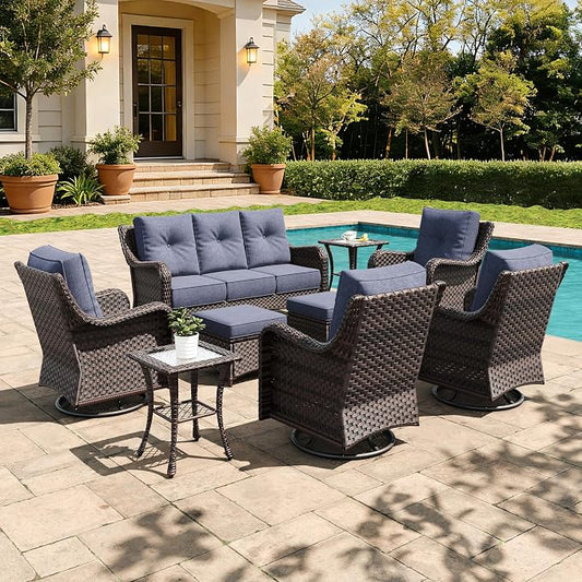 9 Pieces Outdoor Furniture Set with 6-inch Cushions, High Back Wicker Swivel Rocker Chairs with Coffee Table, Luxury Conversation Set for Deck Patio and Poolside