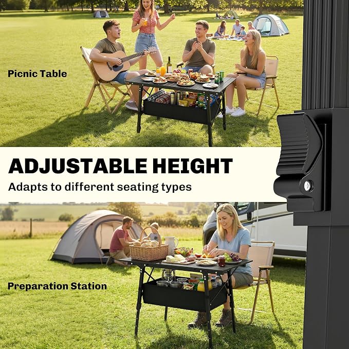 Outsunny 3ft Portable Camping Table with Storage Bag, Adjustable Height Aluminum Small Folding Table, Lightweight Picnic Table with Carry Bag for Outdoor Picnic BBQ Backyards Beach, Black