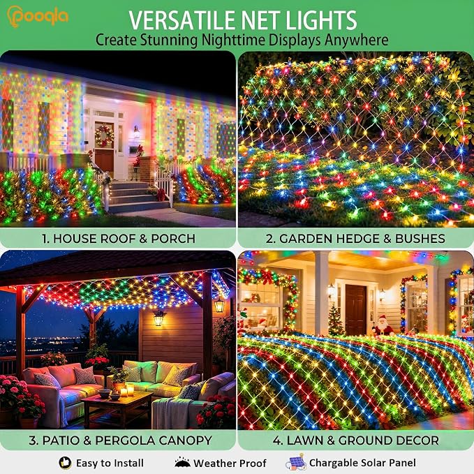Pooqla Solar Net Lights, 10x10ft 280LED Gazebo Net Lights Outdoor with 8 Modes, Solar & USB Powered Waterproof String Lights Clear Wire, Chandelier for Pergolas, Patio, Bush, Backyard Decor Colorful