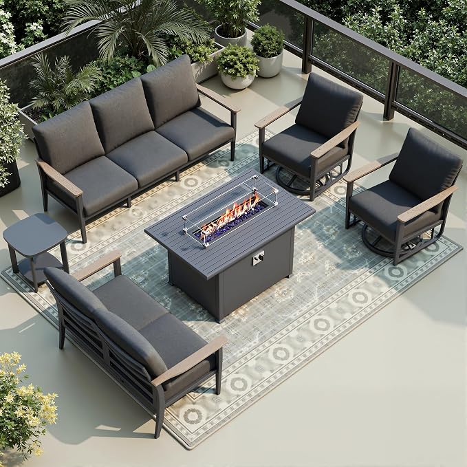 Aluminum Outdoor Patio Furniture Set with Swivel Rocking Chairs 7-Seat, Patio Sectional Sofa Patio Conversation Set with 55,000 BTU Fire Pit Table High Backrest & Thickened Cushions, Dark Grey