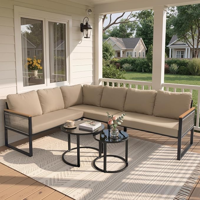 7-Piece L-Shaped Patio Conversation Sets, Hand-Woven Wicker Outdoor Sectional Sofa with Glass Nesting Coffee Table, Weather-Resistant Frame, Removable Cushion for Deck, Porch, Backyard (Beige)