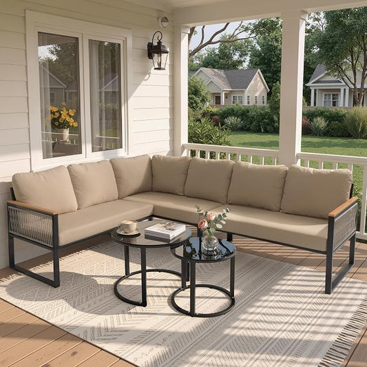 7-Piece L-Shaped Patio Conversation Sets, Hand-Woven Wicker Outdoor Sectional Sofa with Glass Nesting Coffee Table, Weather-Resistant Frame, Removable Cushion for Deck, Porch, Backyard (Beige)