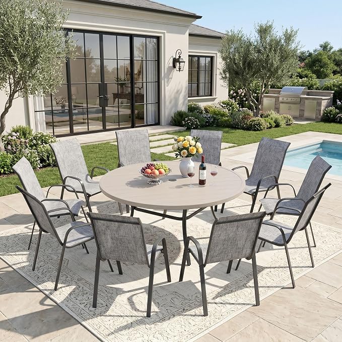 DIFY 11 Piece Outdoor Dining Set, 60" Grey Wood-Like Round Metal Patio Table and Grey Textilene Stackable Chairs for 10, All Weather Patio Furniture Set with Umbrella Hole for Backyard Garden Deck