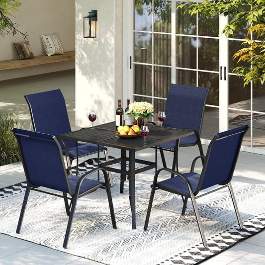 Amopatio 5 Pieces Patio Dining Set for 4, Outdoor Table and Chairs, 4 All Weather Stackable Patio Chairs, 36" Patio Spliced Square Table with Umbrella Hole, for Deck, Backyard, Garden,Blue