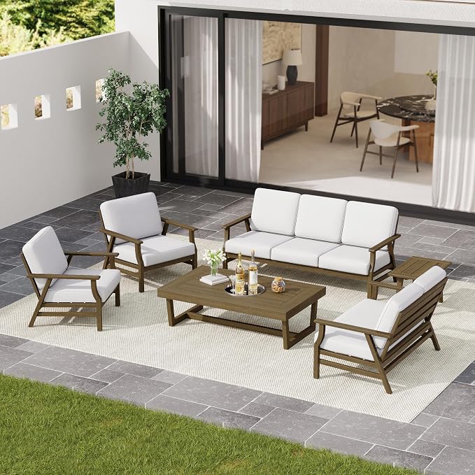 4 Pieces Patio Furniture Sets, Teak Wood Outdoor Sectional Furniture with Coffee Table, 5 Seats Patio Sofa Couch Conversation Set for Backyard Deck - Beige