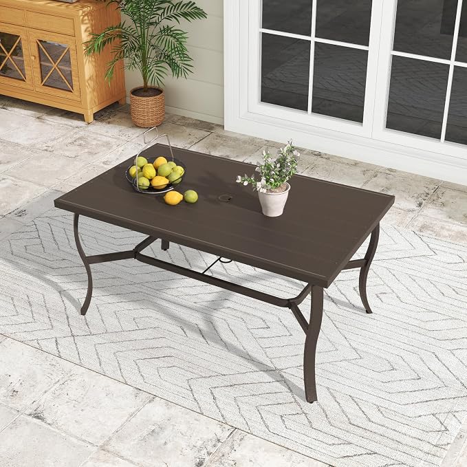 6-Person Outdoor Dining Table, Aluminum Rectangle Outdoor Dining Table with 2.2" Umbrella Hole, Rustproof Aluminum Patio Dining Table for 6, All-Weather for Garden Yard Poolside, Dark Brown