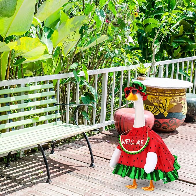 Summer Watermelon Porch Goose Outfits Summer Dress with Frilled Hat & Skirt Welcome Wooden Sign Fits 23" Cement Goose Statue Outdoor Garden Yard Patio Lawn Decor(Watermelon)