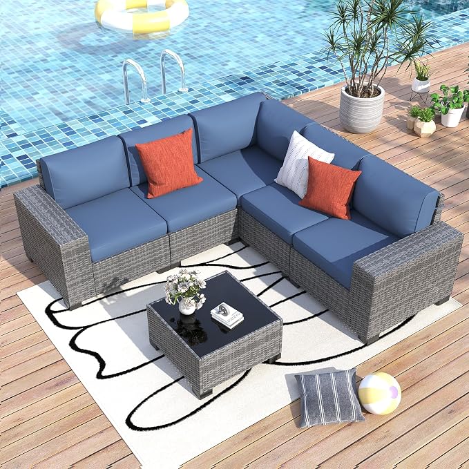 Outdoor Patio Furniture Set, 8'' Wide armrest Outdoor Sectional Rattan Sofa Set, Wicker Patio Furniture Sets w/Coffee Table,Thick Cushions and Cover for Porch, Balcony,Deck 6 PCS(Grey&Navy)