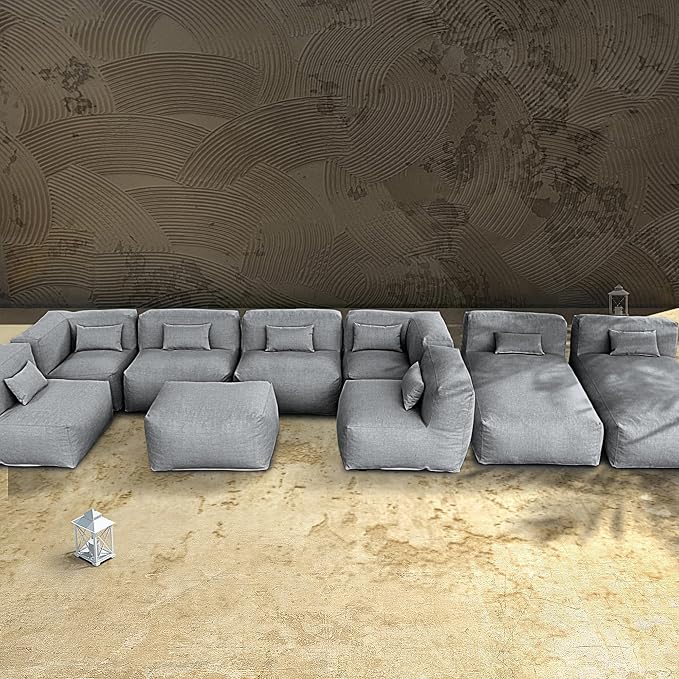 Patio Furniture Set Bean Bag 9 Pieces Outdoor Chairs Sectional Conversation Patio Set Daybed Furniture Outdoor Sofa Couch High Density Foam Filling Modern Comfy Patio Couch, Dark Gray