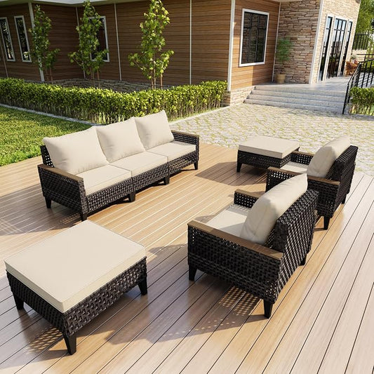 7 Pieces Patio Furniture Set, Outdoor Conversation Sets with Footstool, Wicker Rattan Sofa Couches Chairs Ottomans for Porch, Poolside, Deck, Balcony, Backyard, Yard, Garden (Beige Cushions)