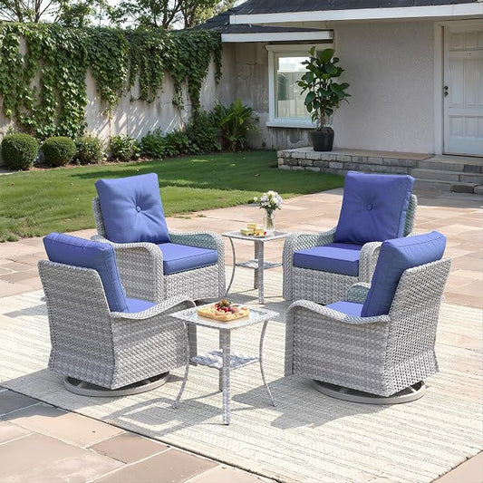 6-Piece Patio Furniture Set, Outdoor Swivel Rocking Chairs with 4" Thick Cushions & Side Table, All-Weather PE Rattan & Rust-Resistant Steel Frame Conversation Set for Porch, Garden, Backyard, Blue