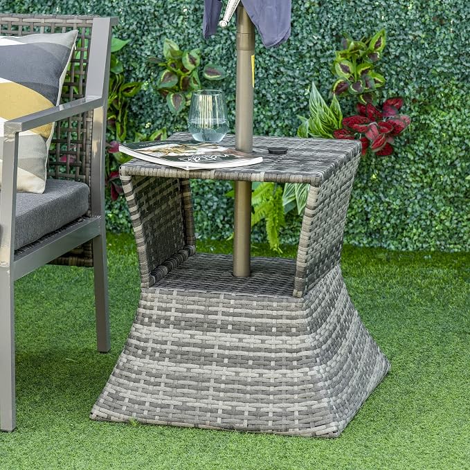 Outdoor Side Table with 1.5" Umbrella Hole, 16.9" Square, 2 Tier Rattan Wicker End Table with Storage Shelf, Lightweight PE Rattan Patio Table for Garden Poolside
