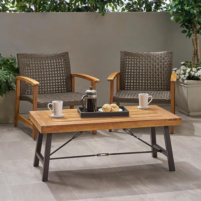 roomfitters Outdoor Acacia Wood Coffee Table, Teak Finish with Rustic Metal Legs, Perfect for Patio, Garden, or Deck, Weather-Resistant and Durable, Brown and Black