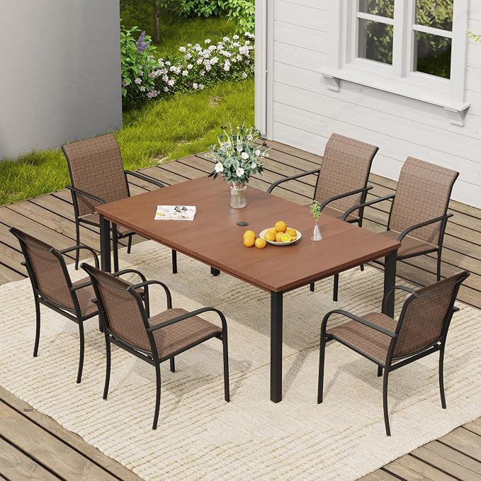 VICLLAX 7 Pieces Patio Dining Set, Patio Furniture Set of 6 Patio Stackable Dining Chairs and Outdoor Metal Table with Umbrella Hole for Backyard Lawn Garden, Brown Chairs and Walnut Table