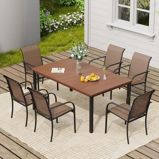 VICLLAX 7 Pieces Patio Dining Set, Patio Furniture Set of 6 Patio Stackable Dining Chairs and Outdoor Metal Table with Umbrella Hole for Backyard Lawn Garden, Brown Chairs and Walnut Table
