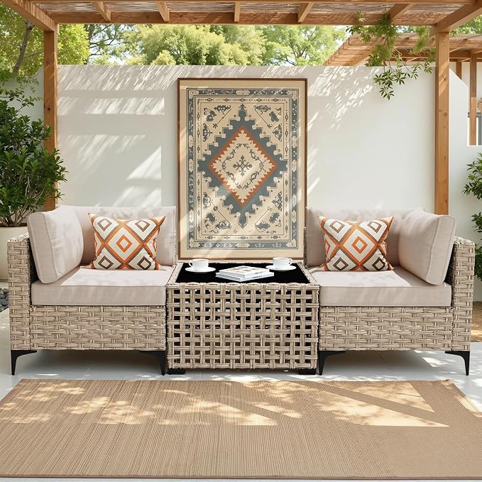 3 Pieces Patio Sectional Furniture Set, Outdoor Wicker Sectional Couch with Solar Lights Table, Modern Conversation Set for Porch Balcony Backyard, Beige