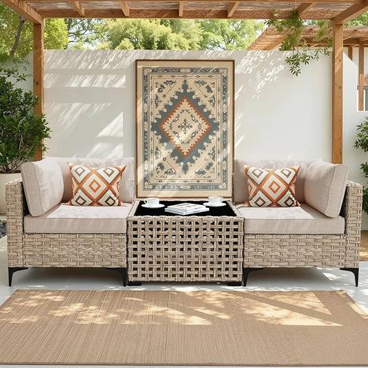 3 Pieces Patio Sectional Furniture Set, Outdoor Wicker Sectional Couch with Solar Lights Table, Modern Conversation Set for Porch Balcony Backyard, Beige