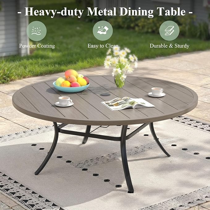 9 Pieces Patio Dining Set, 8 Outdoor Swivel Dining Chairs with 60" Round Metal Outdoor Dining Table with Umbrella Hole for Garden Backyard Deck, Grey