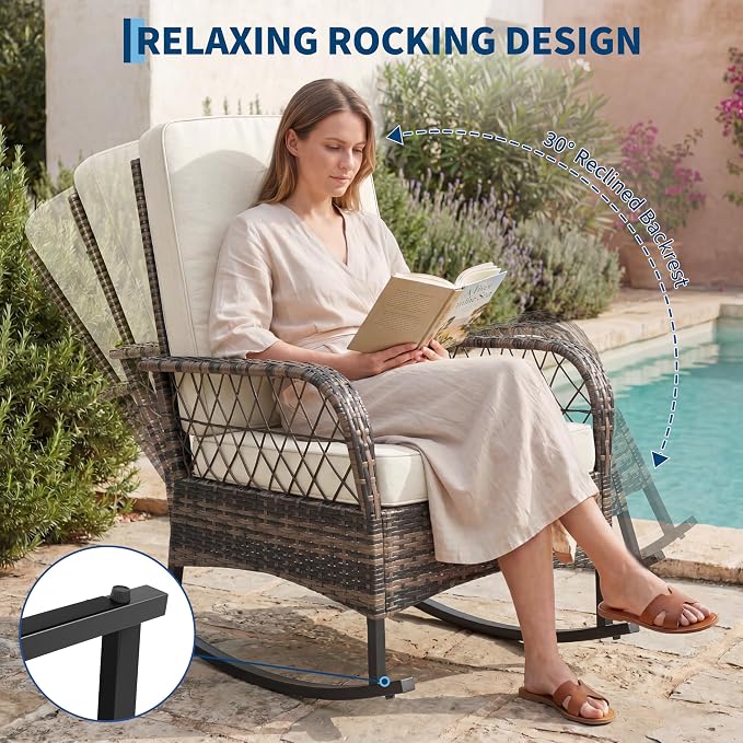 GarveeLife 3 Piece Outdoor Wicker Rocking Chair Set, Hollow Rattan Rocker Chairs with Side Table, Brown Gradient Wicker with Beige Cushions for Patio, Balcony, Garden
