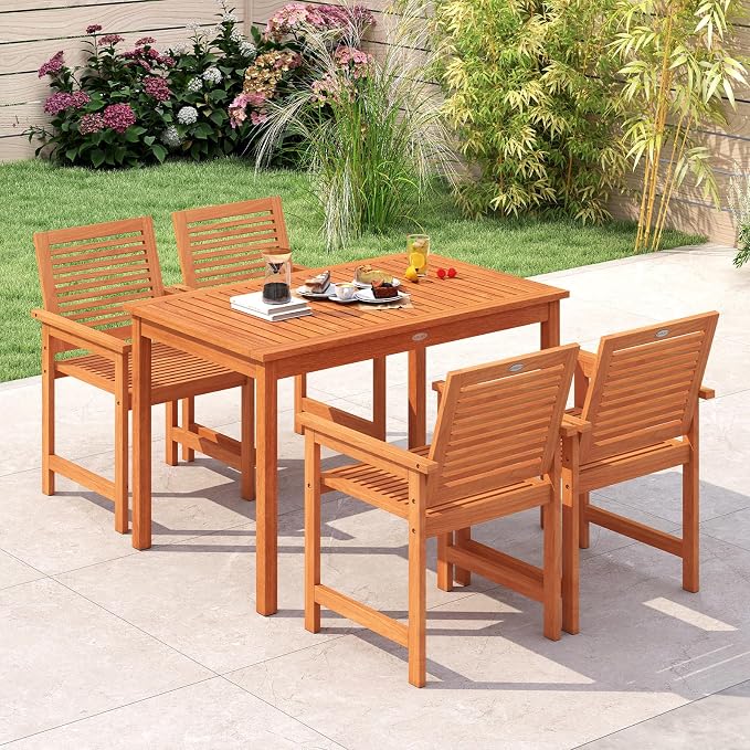 Tangkula 48 Inches Wood Outdoor Dining Table for 4-6 People, Rectangular Patio Table with Slatted Tabletop, Outside Dining Furniture for Lawn, Garden and Backyard